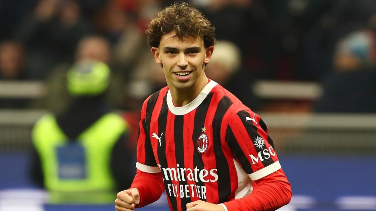 Milan forward Joao Felix smiling after scoring a goal